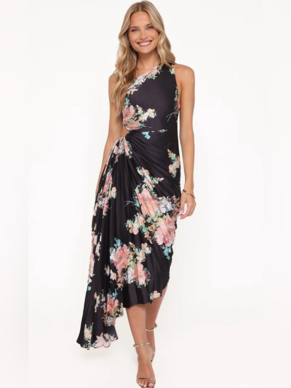 NWT Petal & Pup Kleo One Shoulder Asymmetrical Maxi Dress In Black Floral, XXL